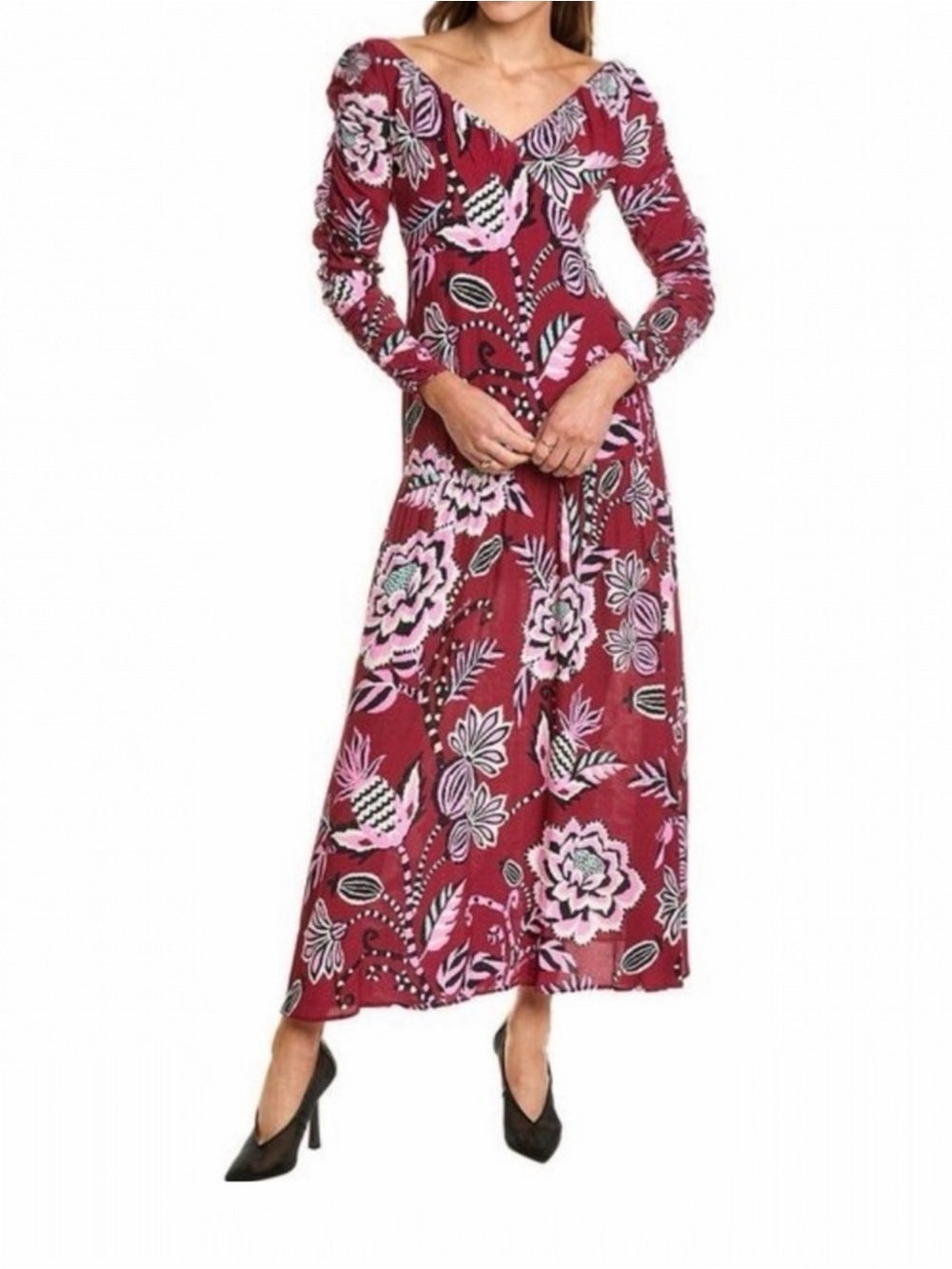 FARM RIO Burgundy Pineapple Inspiration Floral Print V Neck Open Back Maxi Dress